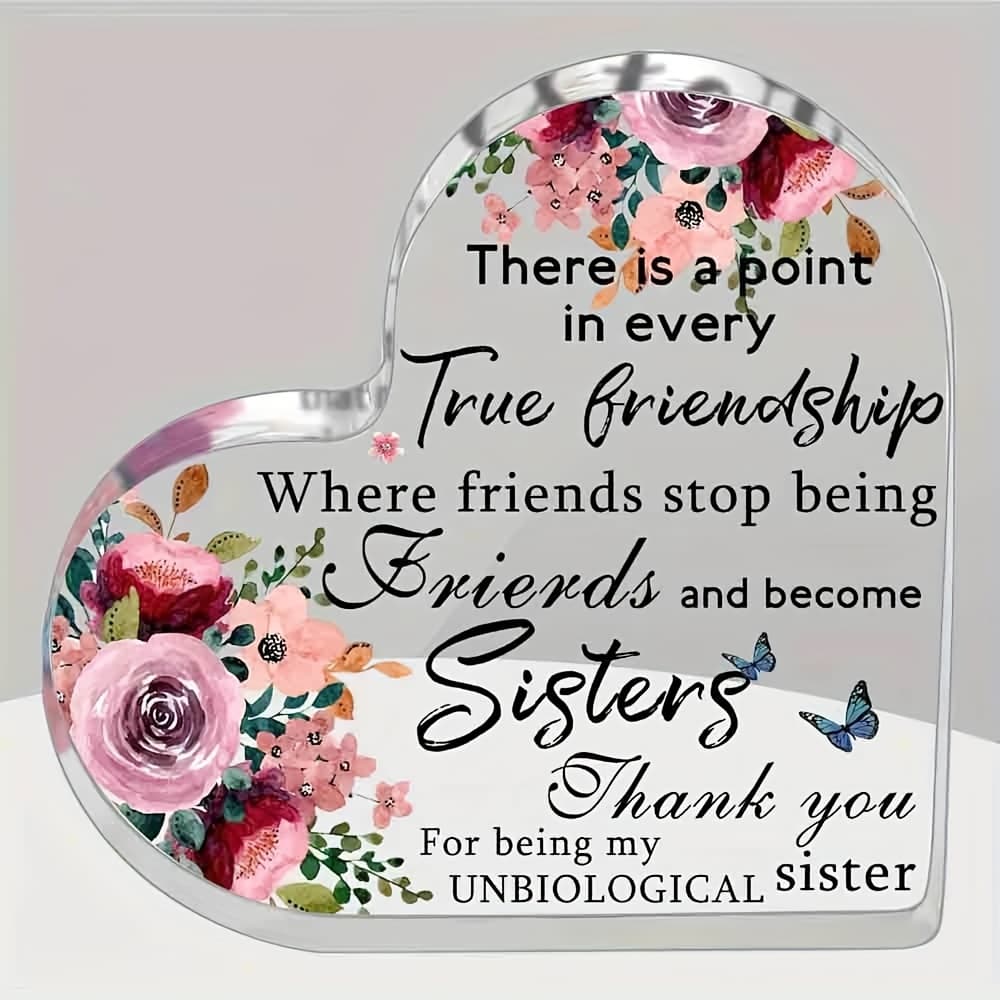 TEMU 2d Flat, 1pc Acrylic Heart-shaped Plaque "true Friendship To Sisters" - Inspirational Desk Decor, Perfect Birthday Gift, For Sister And Girls, Appreciation Present