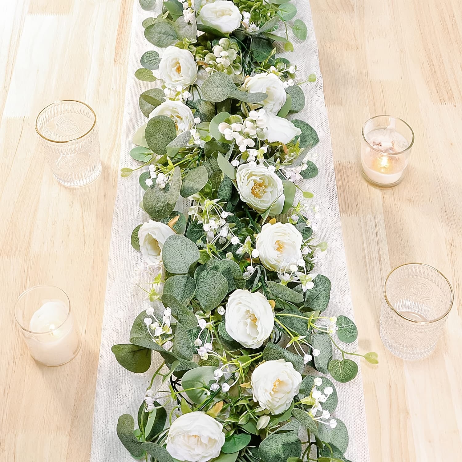 TEMU 2/ 4 Pack Artificial Eucalyptus Flower Garland With White Roses, Fake Rose Flower Greenery Garland Floral Vines For Wedding Home Party Table Runner Decor( White)