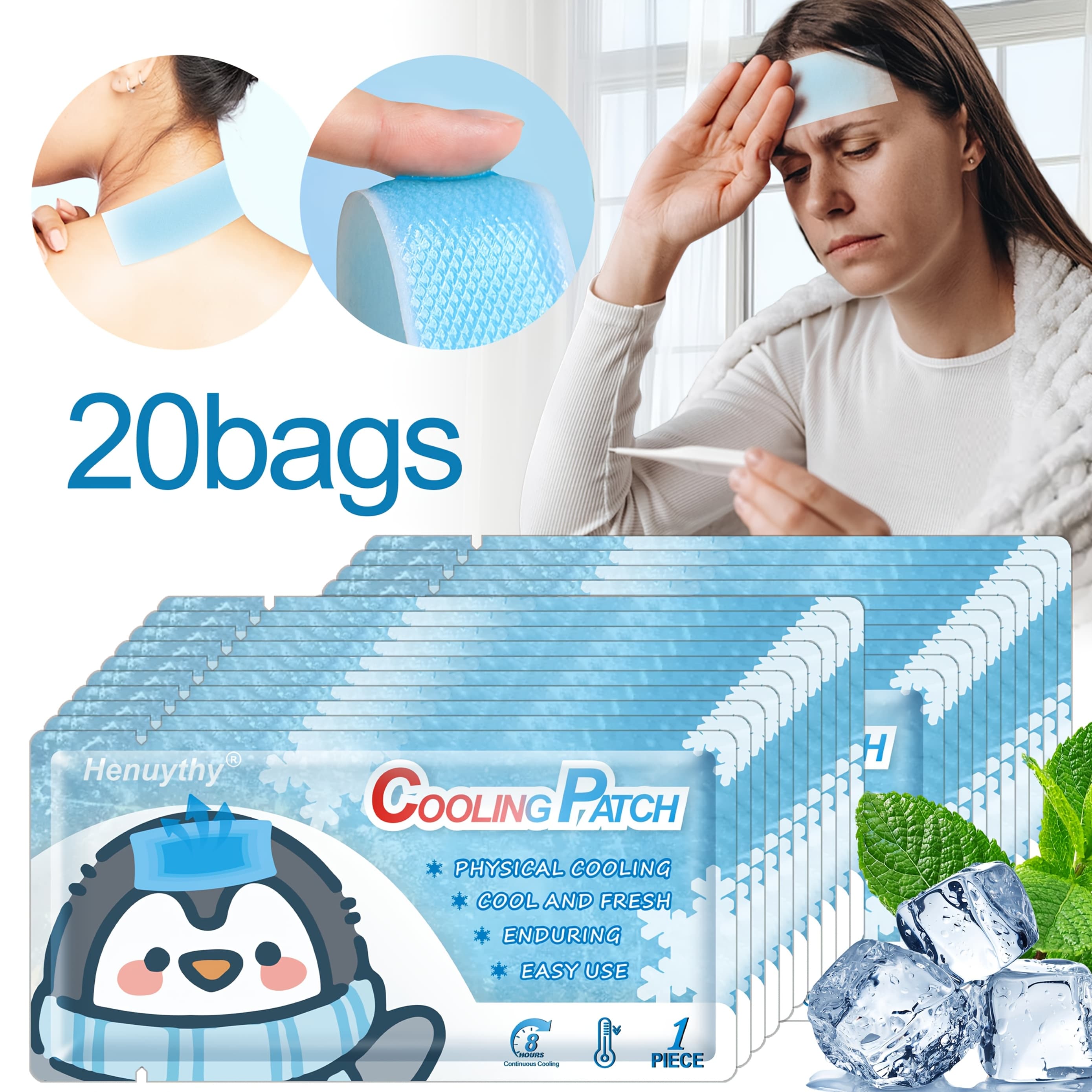 TEMU 20bags Fresh Mint Scented Cooling Gel Patches - Cold Compress Bag, Refreshing, Comfortable & , Ice Compress, Design, Soft Gel Ice Pack, Portable Individually Wrapped