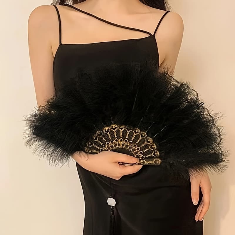 TEMU Hot-selling Halloween Party Performance Ladies' Dance Fan, Elegant Lace Fuzzy Fan For Dance Performances With Pendant, An Elegant Fan