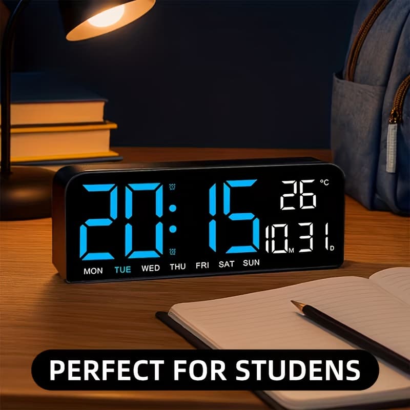 TEMU Voice Activated Digital Wall Clock With Temperature Display, Date And - Dual Alarm Clock, 12/24-hour Clock, Function, Rectangular - For Bedroom Decoration