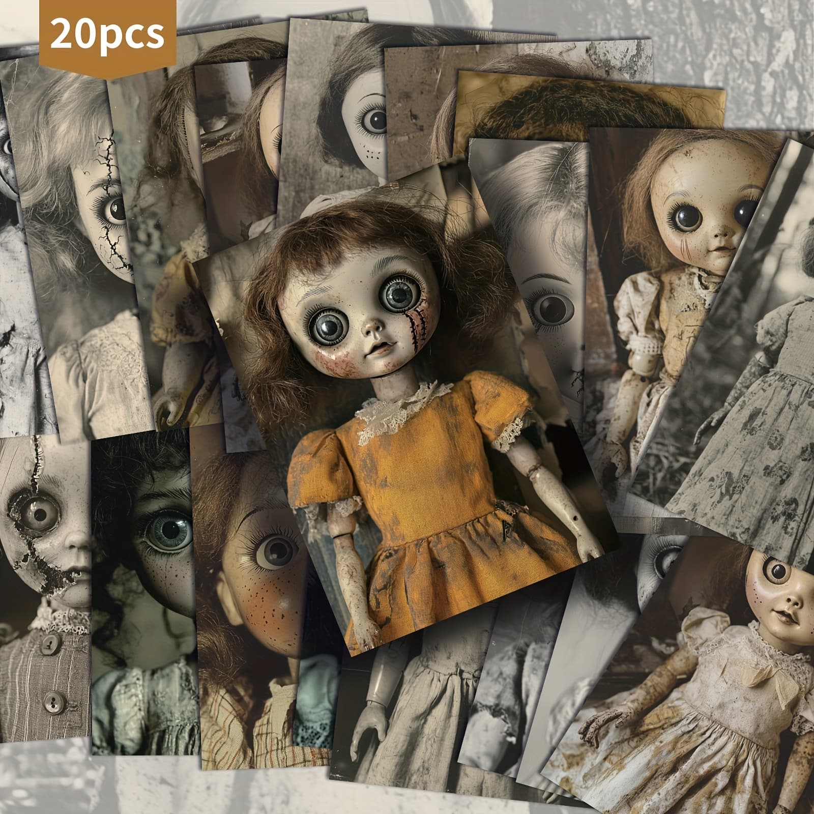 TEMU 20-pack Asstss Vintage Horror Haunted Dolls Postcards - Creepy Faces, Classic Pinup Suitable For Scrapbooking, Crafting & For Halloween Decorations, Collectible Cards (20 Pack)