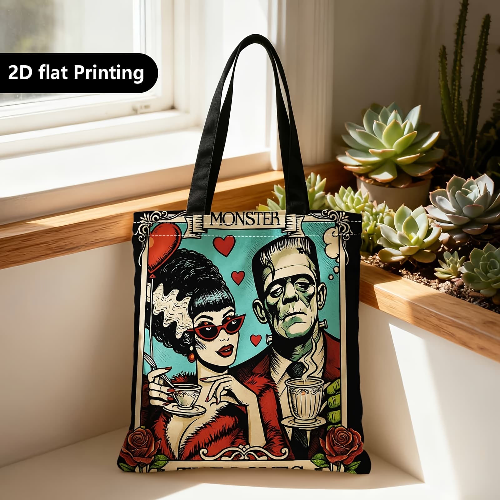 TEMU Shopper Bag,shopping Portable Shoulder Back Hand-held Bag,monster , Gothic, Tea Party,suitable For Travel, Cosmetics, Bags,home Furnishings, Gifts, Family .