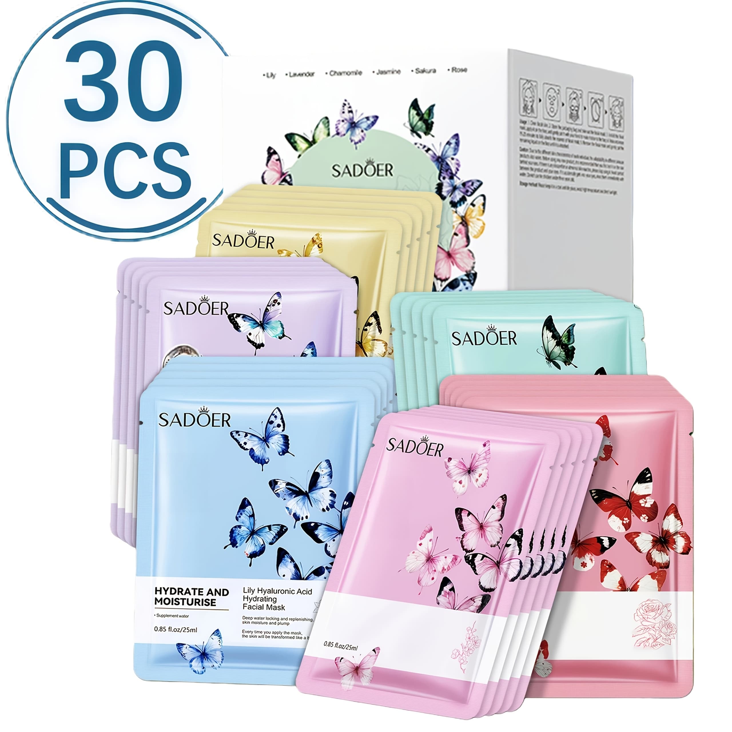 TEMU 30pcs And Flower Facial Mask, Featuring Multiple Plant, A Of Butterflies And Flowers, Moisturizing And Hydrating, Travel-sized Packaging, An Ideal Present For