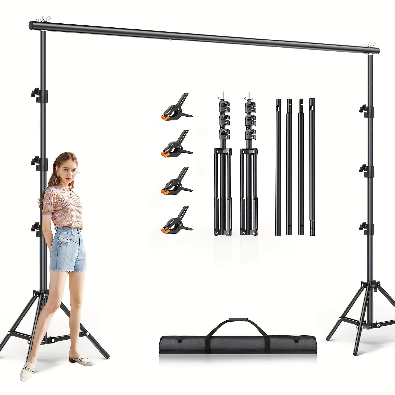 TEMU 10x10ft Background Stand | 2 Adjustable Backdrop Supports, 4 Crossbars, 4 Clamps, Iron Material, Carrying Bag For Photo Video Studio, Parties Decoration