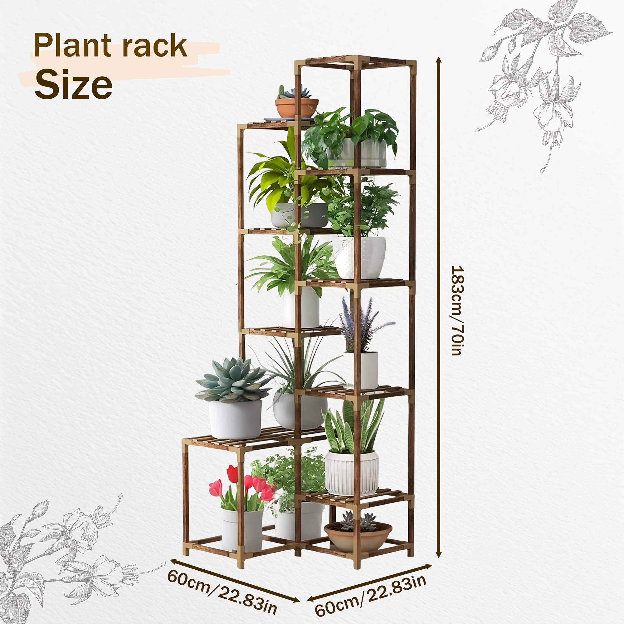 TEMU 10-tier Corner Flower Stand - Large Tall Eucalyptus Wood Plant Holder With Hanging Space For Multiple Potted Plants - Perfect For Yard, Balcony, Or Garden Decoration, Durable & Stylish Design