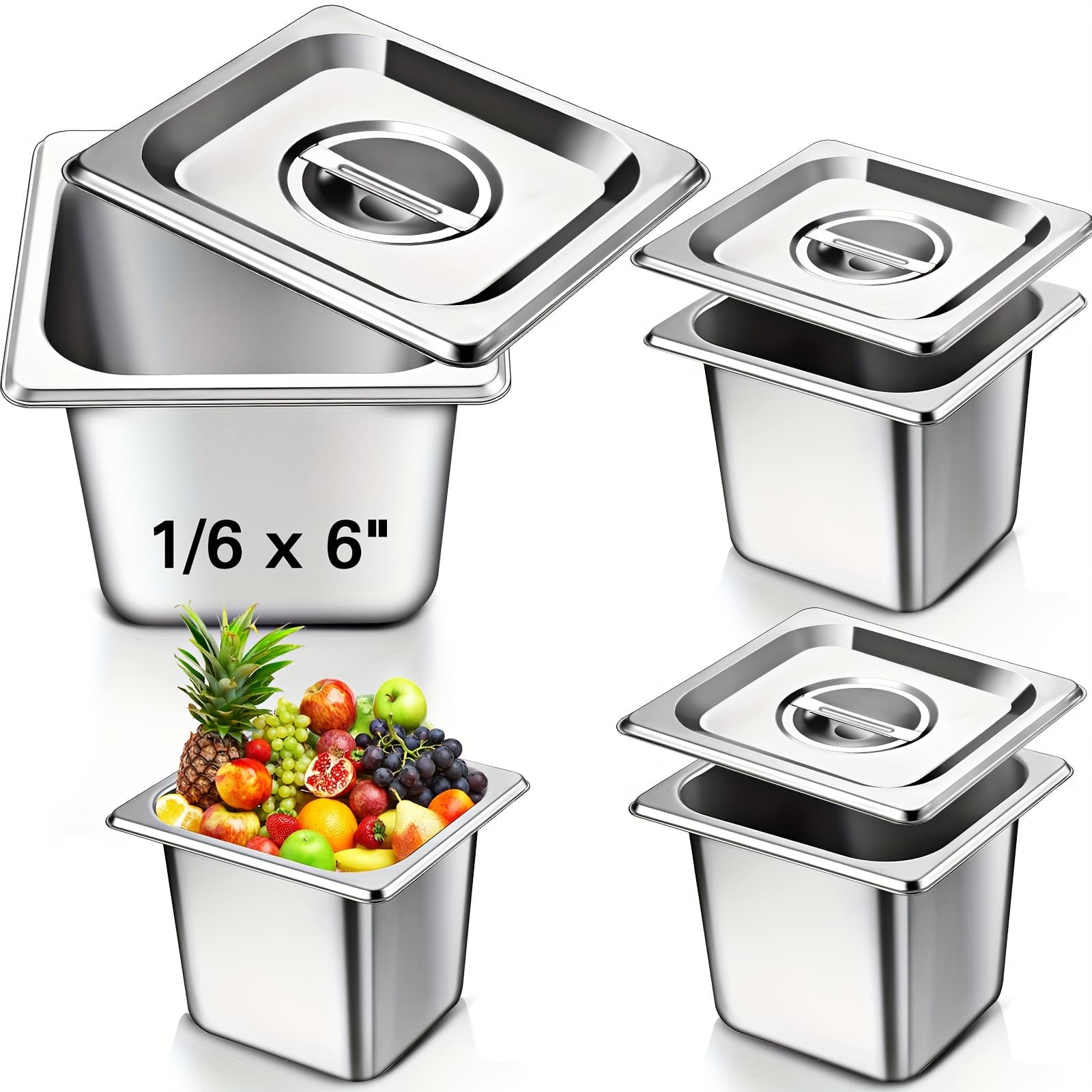 TEMU 4pcs Stainless Steam Hotel Pans With Lids, 1/6 Sixth Size X 6 Inch Deep 0.7mm Thick 304 Stainless Steel Hotel Pan Anti Steam Table Pan For Food Warmer Cooking Heat