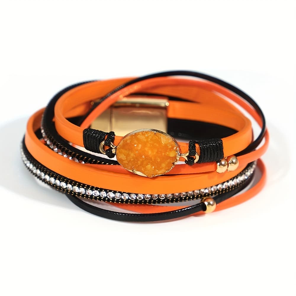 TEMU 1pc Retro Resin Stone Long Women's Beaded Twisted Faux Leather Bracelet Wristband Halloween Gift