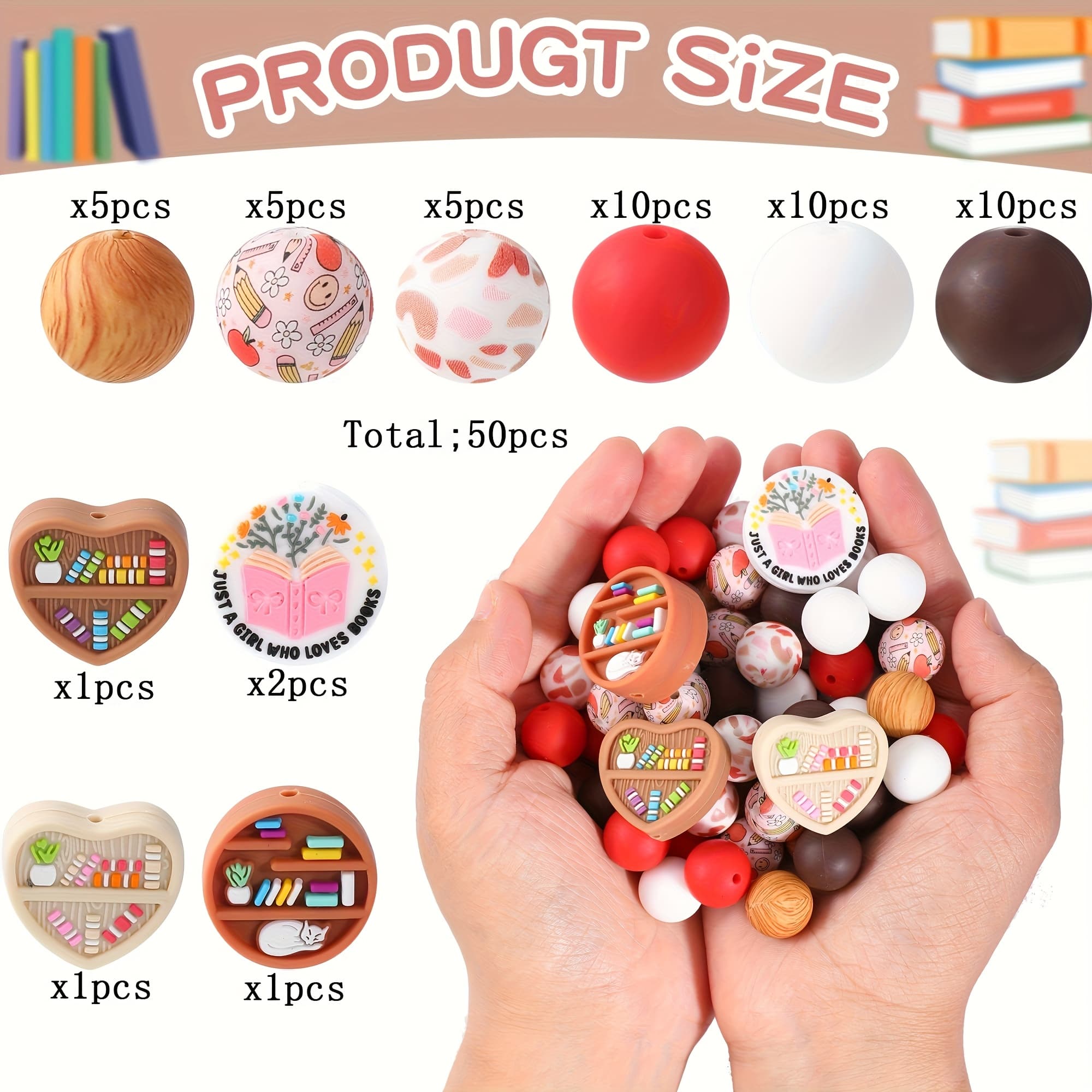 TEMU 50pcs Love Bookshelf Designs With Silicone Beads, Silicone Loose Beads For Pens, Beads And Accessories For Bracelets, Necklaces, Hanging Ropes, Jewelry, Handicrafts, And Bead Making