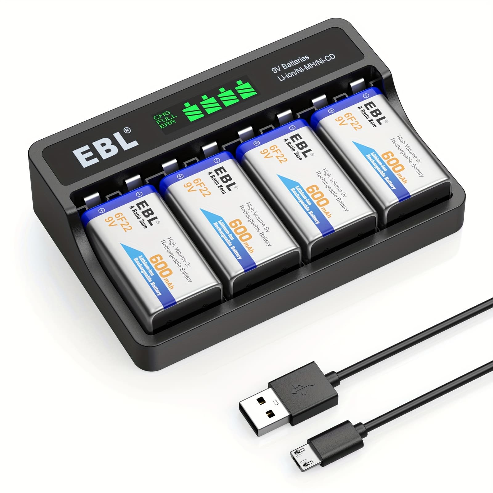 TEMU Ebl 9v Li-ion Rechargeable Batteries 600mah 4-pack With Lcd 9v Smart Battery Charger For 9 Volt Lithium-ion/ni-mh/ni-cd Rechargeable Batteries