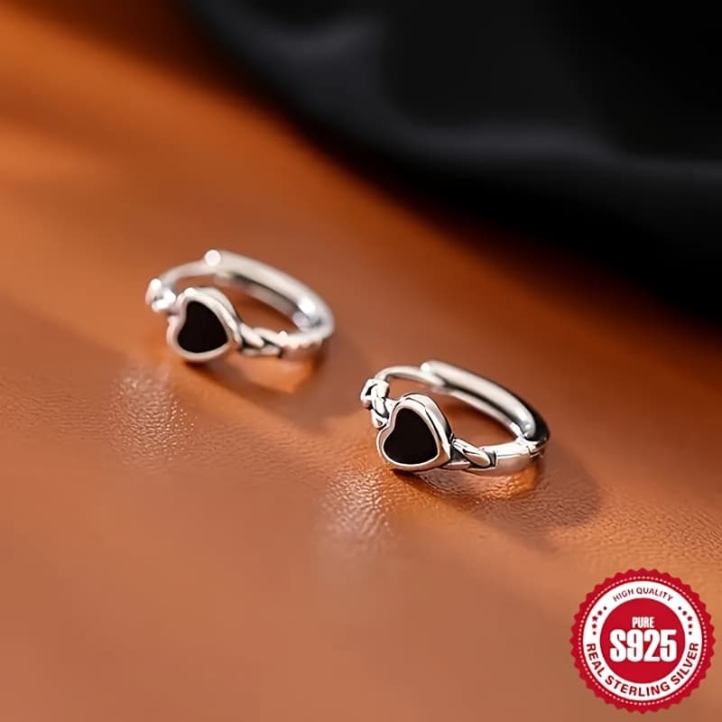 TEMU S925 Sterling Silver Hoop Earrings With Black , Elegant For Women Party Earrings Jewelry Valentine's Day Gifts 1.9g 0.067oz