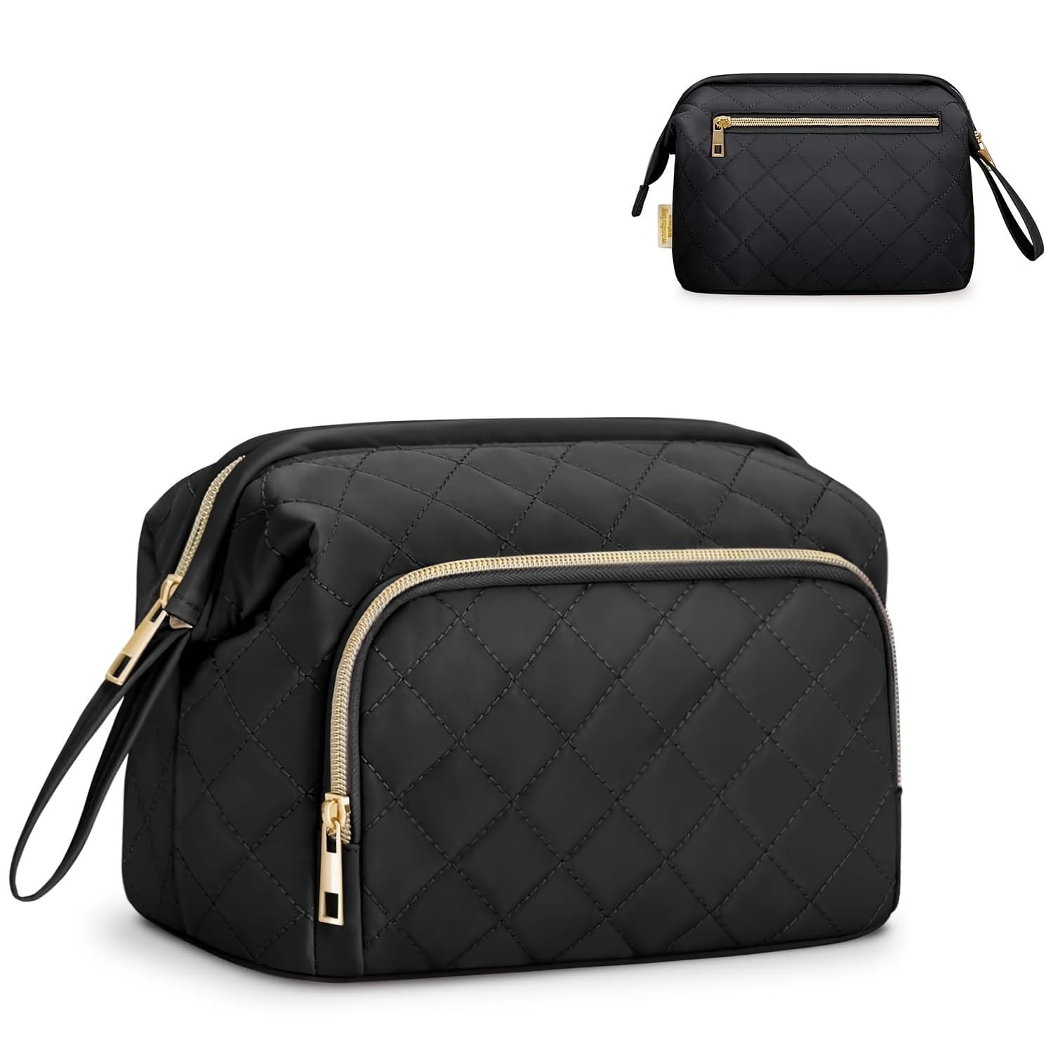TEMU Wide-open Cosmetic Bag Quilted Travel Makeup Bag For Women Large Makeup Organiser Case Pouch With Handle Essentials Toiletry Accessories With Brushes Compartments