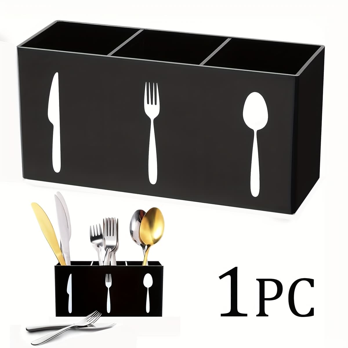 TEMU 1pc Large Rectangular Acrylic Tableware Organizer Box - 3-compartment -mounted (no Screws) Space-saving Countertop/ Storage For Utensils, Plates, Bowls - Modern Cutlery Holder For & Dining