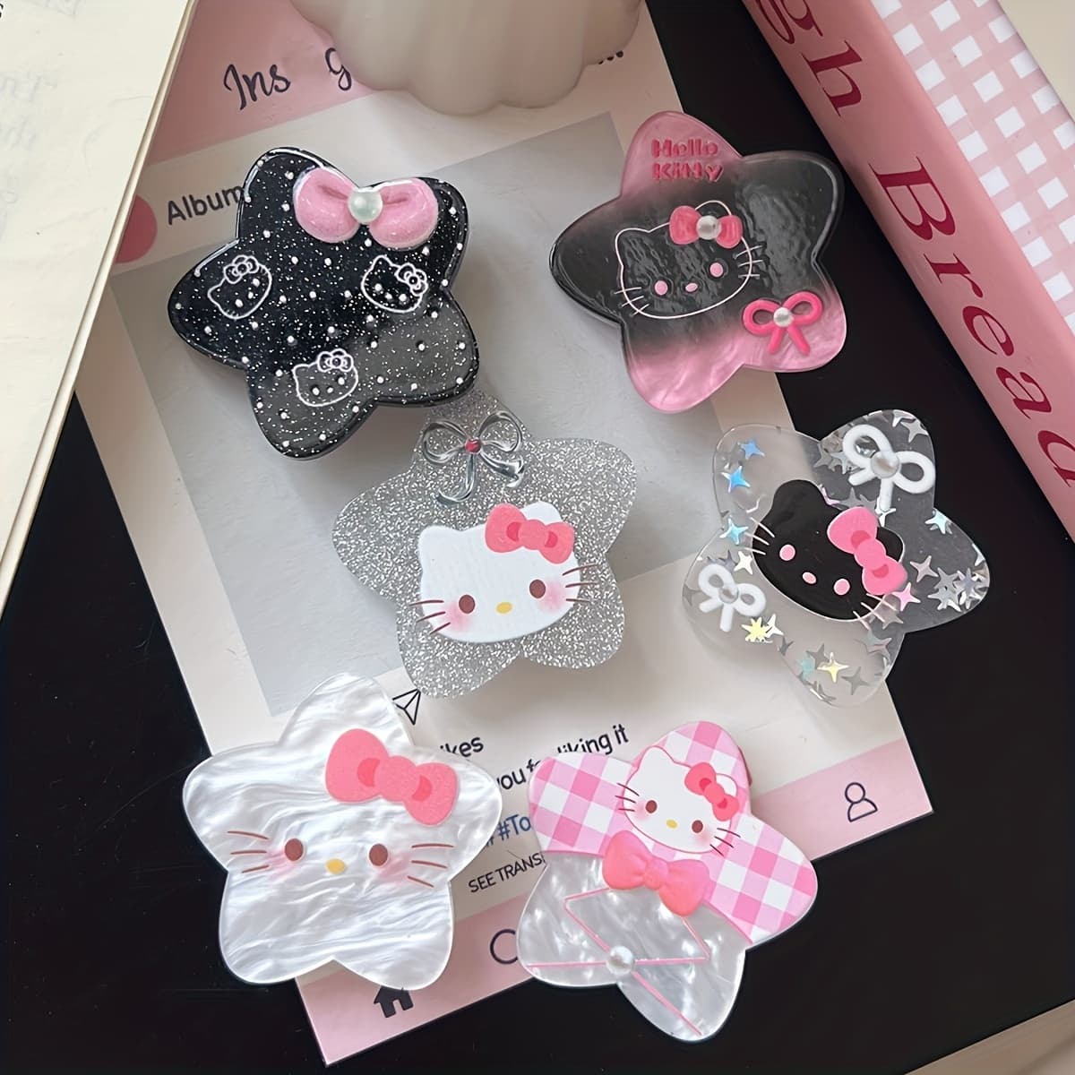 TEMU 6pcs Set Hello Kitty Y2k Style Hair Accessories, Cute Cartoon Duckbill Clips, Acrylic Bow & Star Hairpins, Side Clamps For Bangs And Fringe Decoration