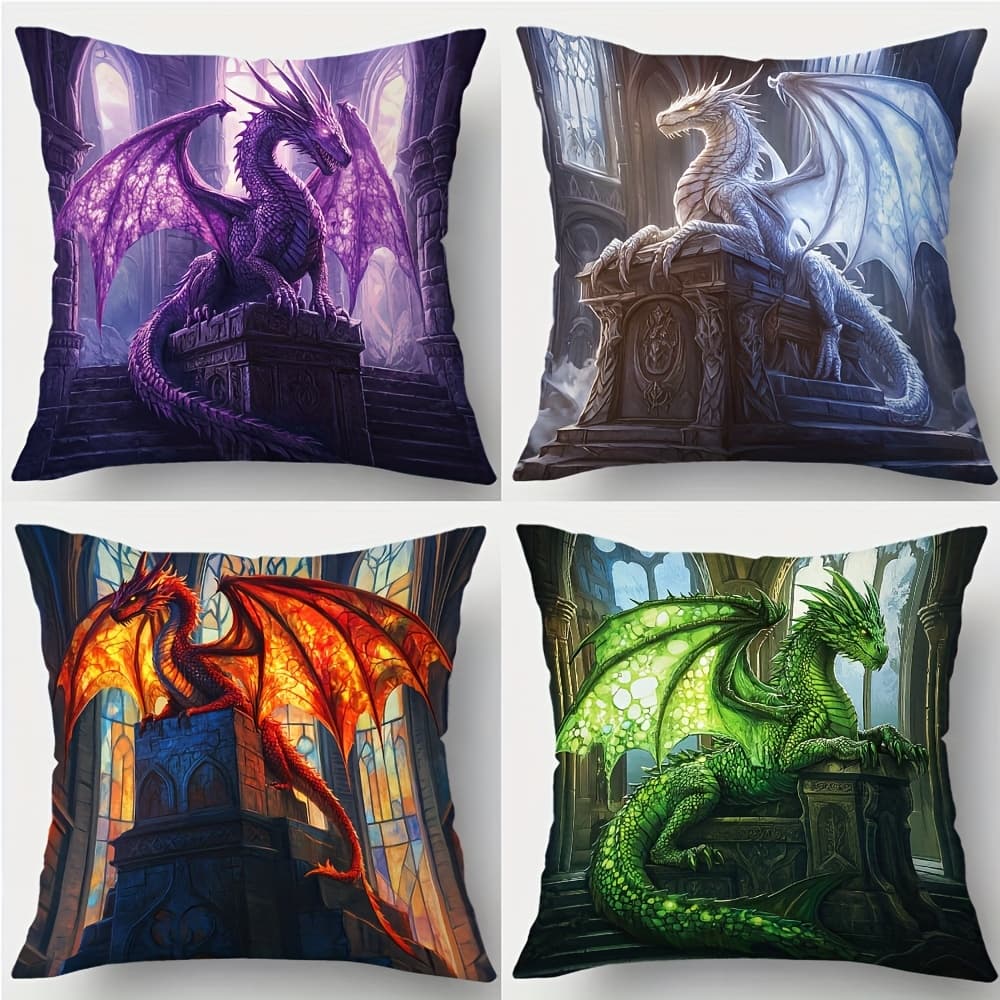TEMU 4pcs, Printed Pillowcases, Dragons In Purple, White, Red And Green. The Overall Fantasy And Mysterious. Suitable For Daily , Rooms, Living Rooms, Sofa Decorations (excluding Pillow Core).
