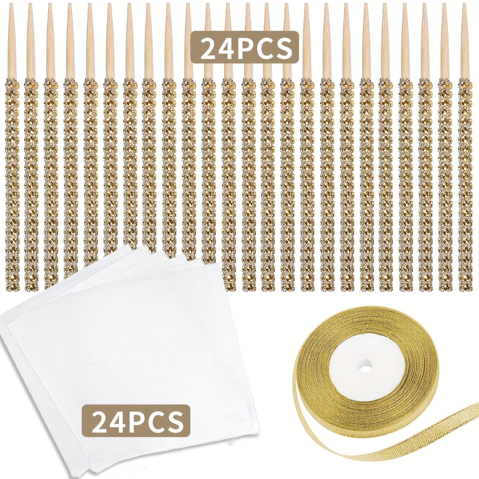 TEMU 49/25pcs Candy Sticks, Bling Caramel Wooden Pointed Skewers, Fruit Treats Cake Pop Decorative Sticks With Glass Bag Glitter Ribbons Tie For Party Supplies