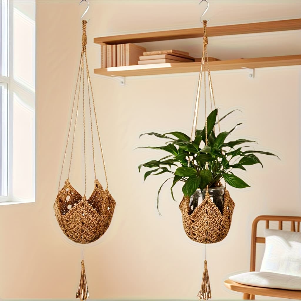 TEMU Bohemian Lace Plant Hanger Featuring Tassels, Made From Durable Cotton Rope Crochet. Suitable For Indoor And Outdoor Gardens, This Textured Lace Wall Basket Comes With Hooks
