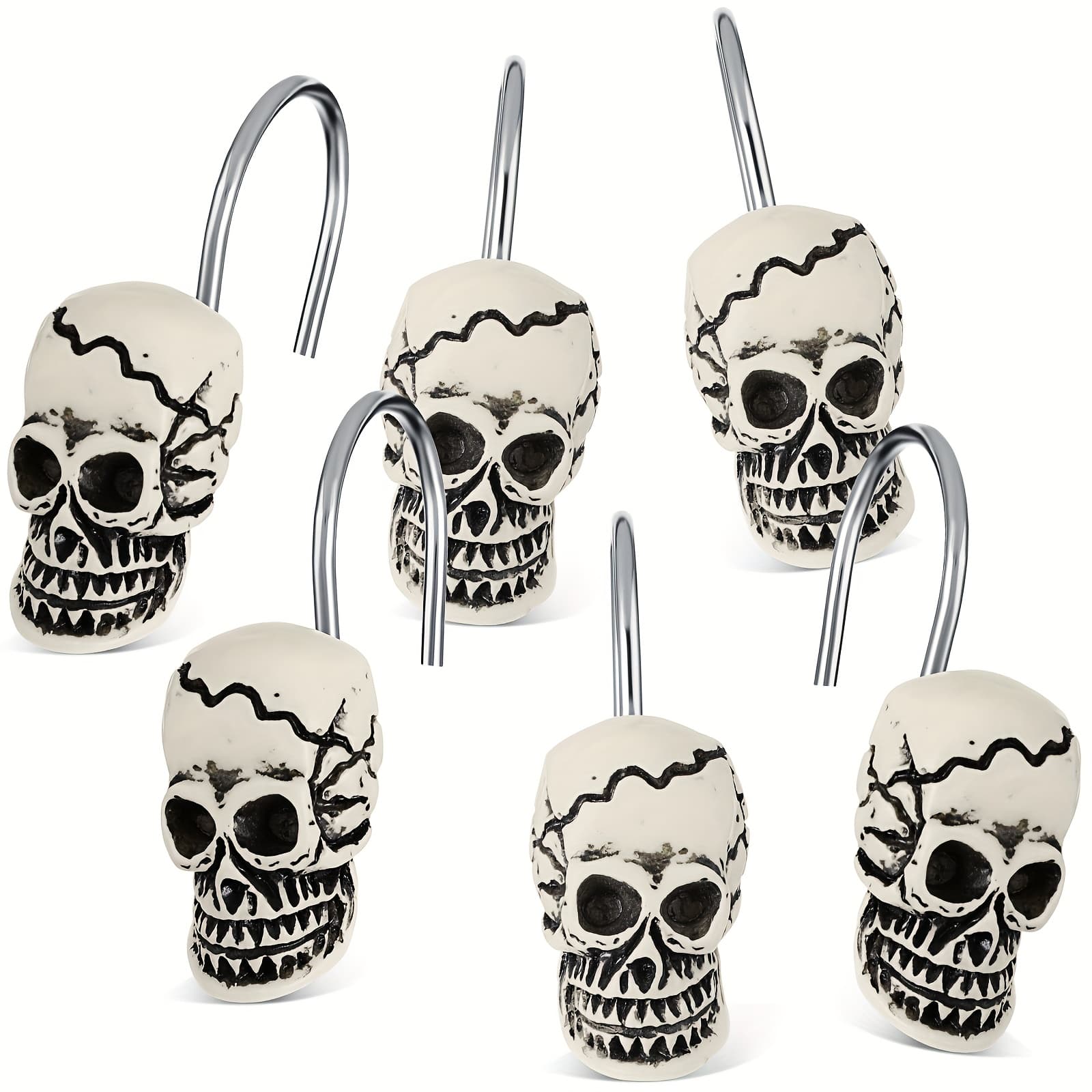 TEMU Set Of 12 Decorative Shower Curtain Hooks Featuring Designs, Perfect For Halloween. Made Of Stainless Steel, Skeleton-themed Rings Add A Spooky Touch To Your Bathroom Decor