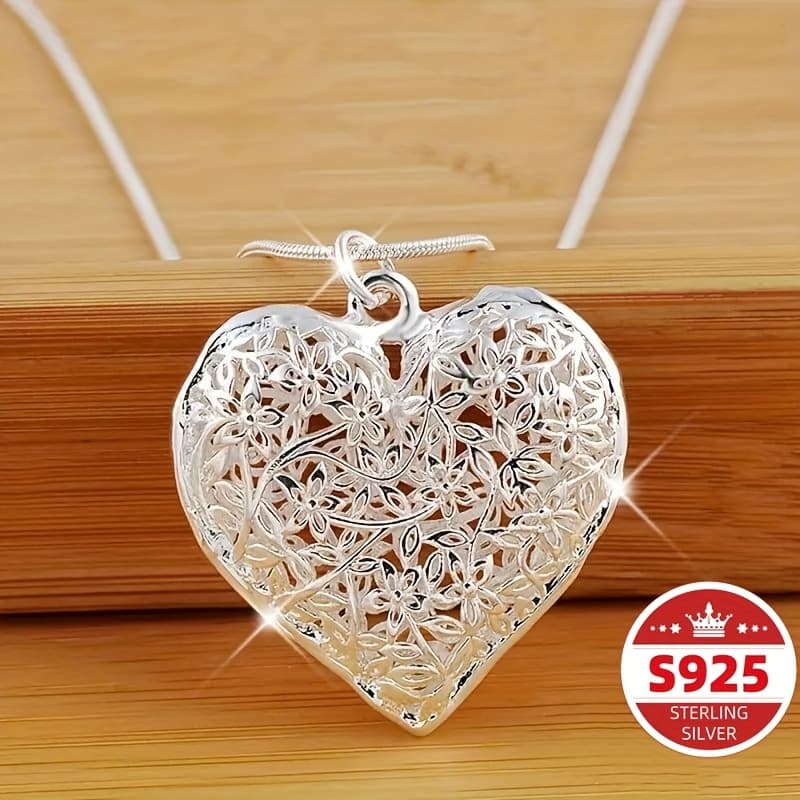 TEMU Sterling Silver Hollow Heart Pendant Necklace, Jewelry Gift