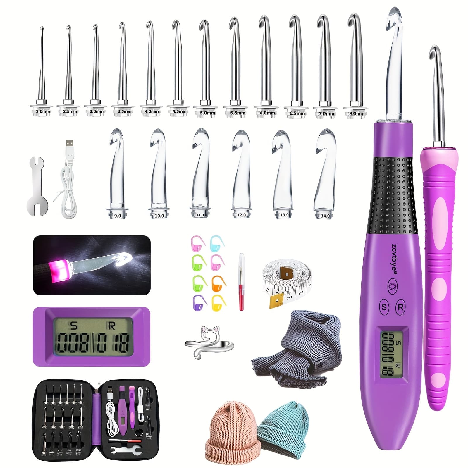 TEMU 18 Count Light-up Crochet Hooks, Ergonomic Digital Crochet Needles With Counter, Illuminated Metal Crochet Hook With Storage Case