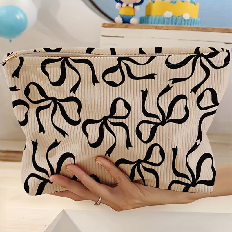 TEMU Black Hollow Bow Pattern Printed Corduroy Makeup Bag - Lightweight Zipper-lined Makeup Bag, Multifunctional Makeup Storage, Suitable For Toiletries And Additions, Suitable For Men And Women