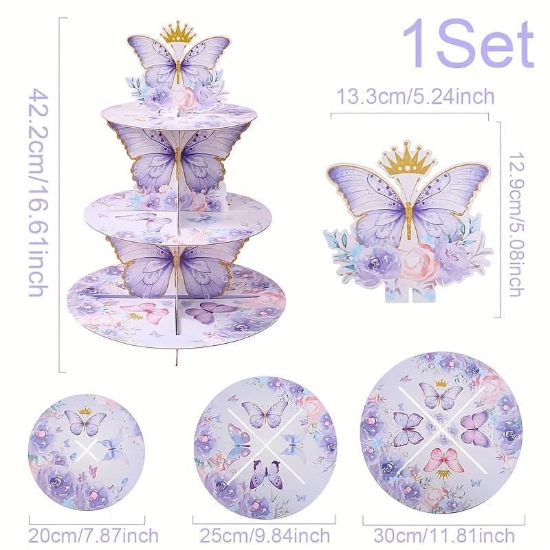 TEMU Of 1, Cake Stand With (not For Food Contact), Purple And Floral 3-tier Dessert Display, Supplies For Baby Showers, Wedding Decorations, Birthday Party Decor, Party Packs