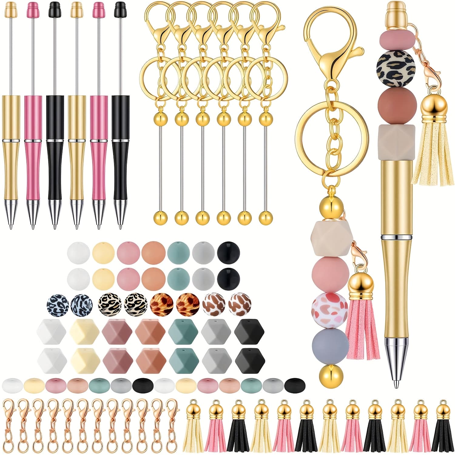 TEMU 86pcs Keychain Set, Including 6 Golden Keychains, 6 Plastic Bead Pens With Colored Beads, 50 Silicone Beads, 12 Tassels, And 12 Lobster Clasps Diy Making Kit Pen Keychain Pendant