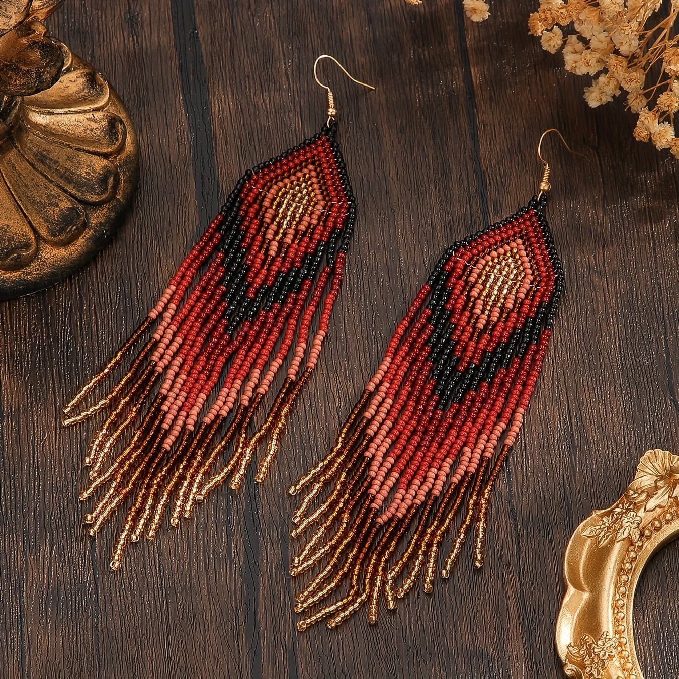 TEMU Vintage Bohemian Beaded Tassel Earrings, Geometric Pattern, Long Tassels Draping Down The Shoulder, Versatile For Women' Wear