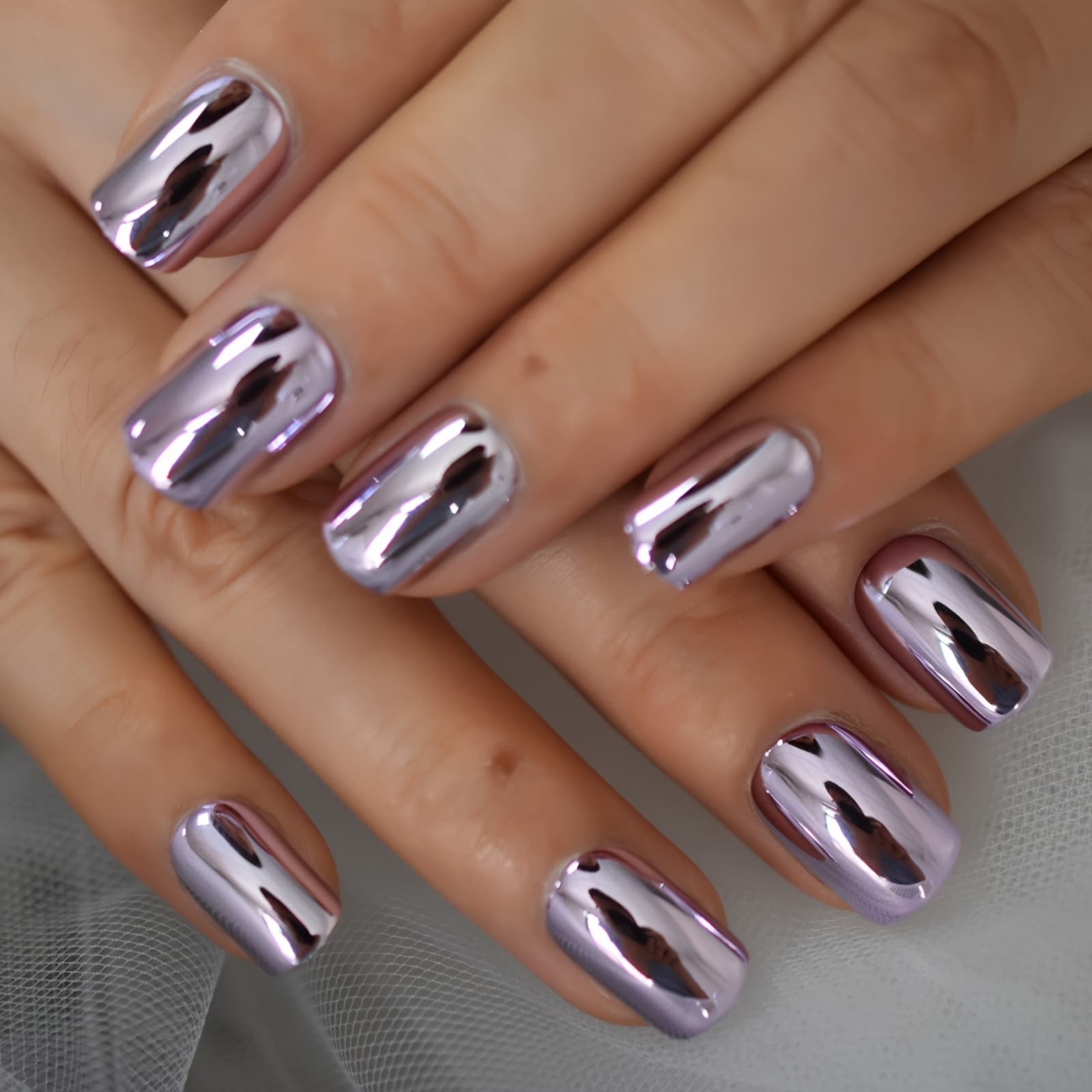 TEMU Press On Fake Nails Light Purple Chrome Square
