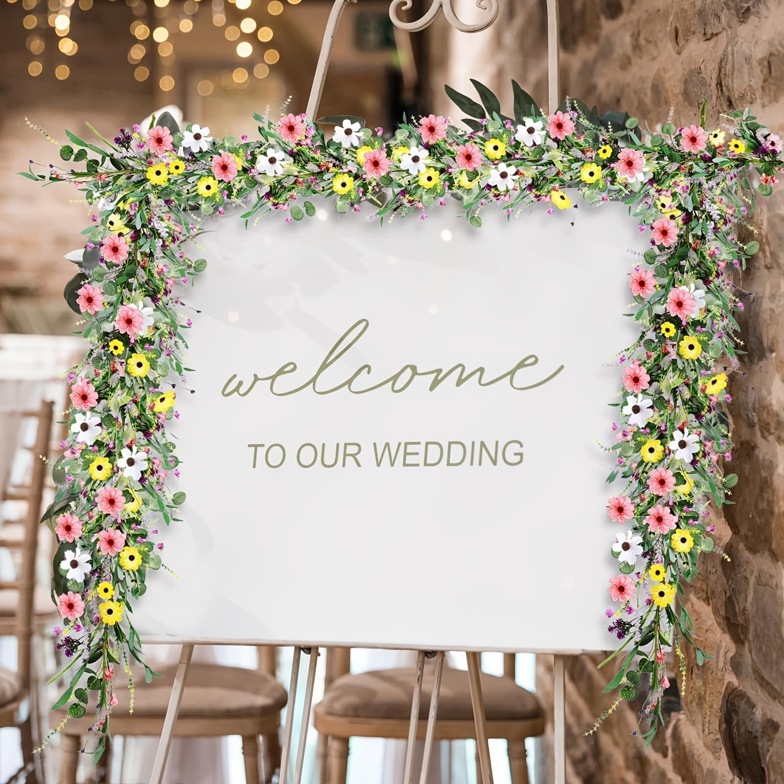 TEMU Rustic Spring Artificial Daisies, Uv-resistant Artificial Daisy Vines With Mixed Wildflowers And Greenery, Suitable For Wedding Arches, Fireplace Mantels, , And Centerpiece Decorations.
