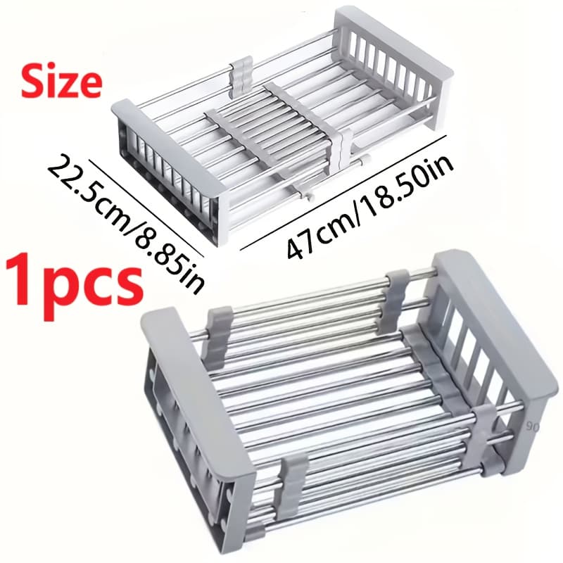 TEMU Adjustable Sink-style Dish Drying Rack With Stainless Steel Drain Basket - Portable And Telescopic Space-saving Fruit And Vegetable Solution With Brush