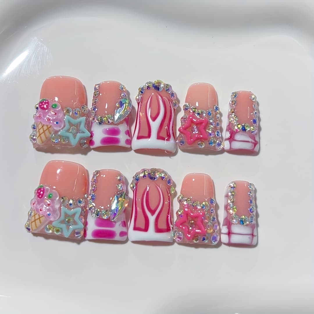TEMU Set Of 10 Y2k Duckbill Featuring, Flame , Colorful Stars, And Cream Embellishments; Pressed Nails For Nail Art, Acrylic Fake Nails; Perfect For Celebrations, , And Daily Use