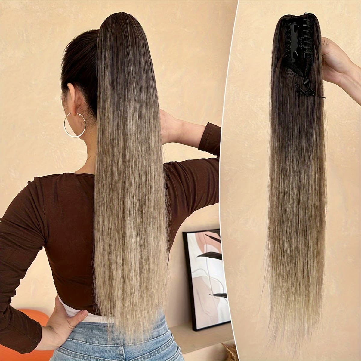 TEMU Yusulaxi 26" Ombre Black To Brown Claw Clip Ponytail Extension - Long Straight, Heat-resistant Synthetic Hair, Texture For Women' Use, Yusulaxi