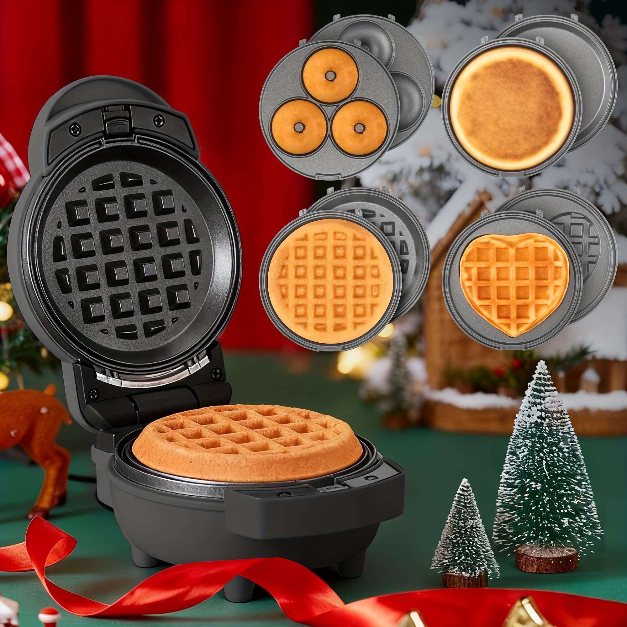 TEMU 4 In 1 Mini Waffle & Pancake Maker, Mini Donut Maker, Heart Shape, Removable Plates, Recipe Included, Blue