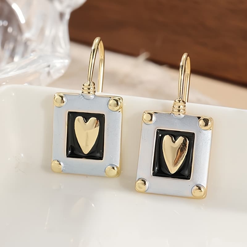 TEMU 1 Pair Of Square Copper Material Carved Heart Earrings, 2 Tone Earrings, Women's Earrings, Travel Earrings