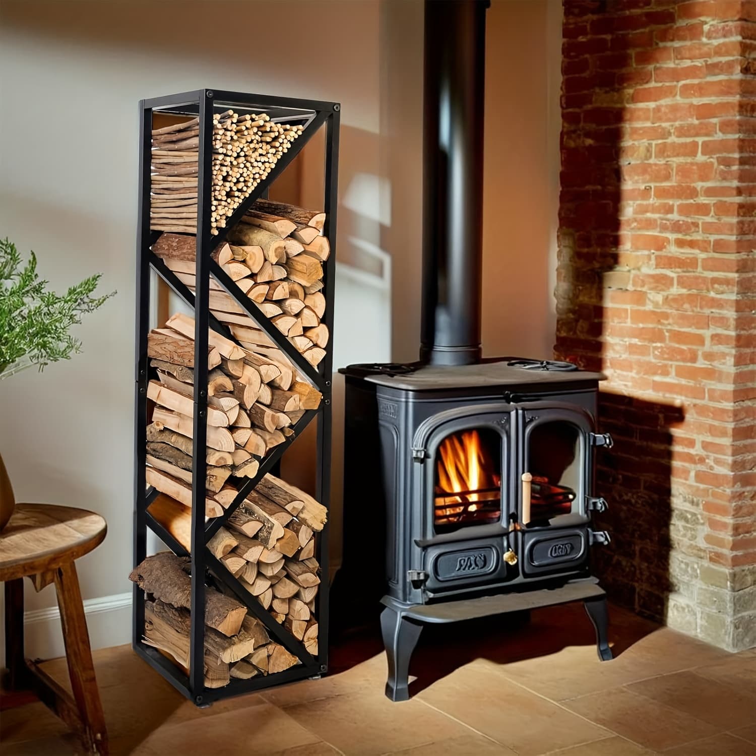TEMU Indoor Firewood Rack - Adjustable Foot Storage Holder For Fireplace & Outdoor Fire Pits - Durable Welded Joint, Easy Assembly, Decorative & Functional Log Rack - Ideal Stove Accessories