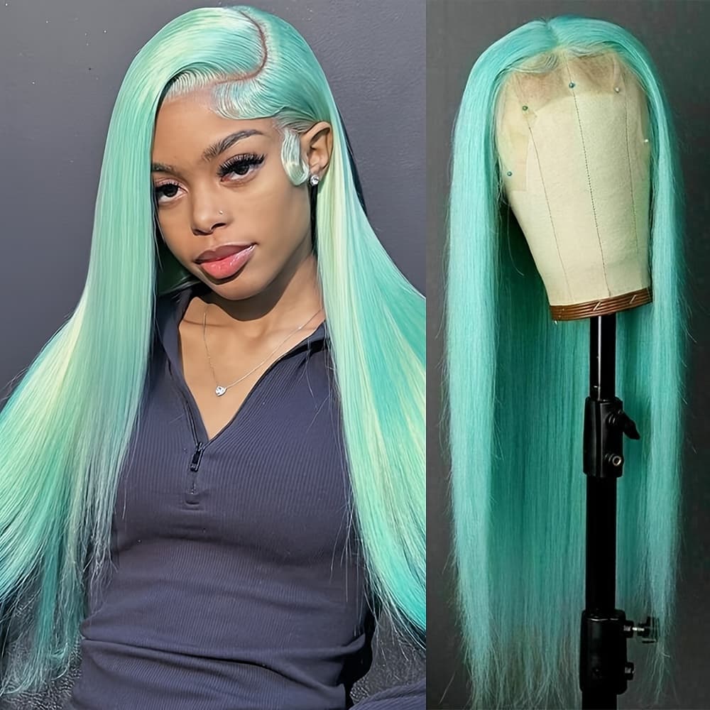 TEMU Lace Front Wigs 13x4 Free Parting Pre Hairline Glueless Wigs Light Blue Color Long Straight Hair, Heat Resistant Synthetic Frontal Lace Wigs For Fashion Women Daily Party Use 28 Inch