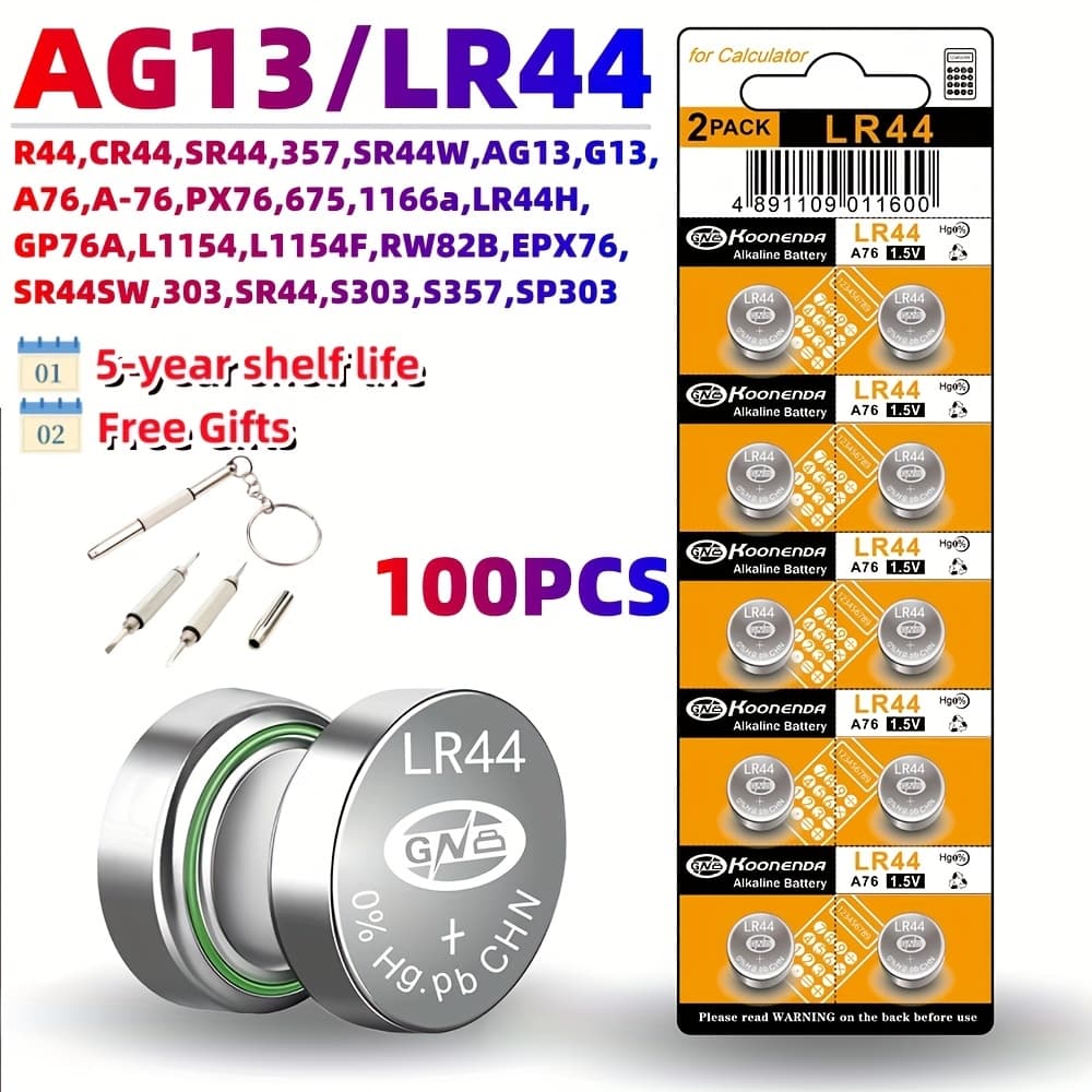 TEMU 100pcs Ag13/lr44 Button Batteries, 1.5v 175mah, Non-rechargeable, Long- For Watches, , Includes Keychain For