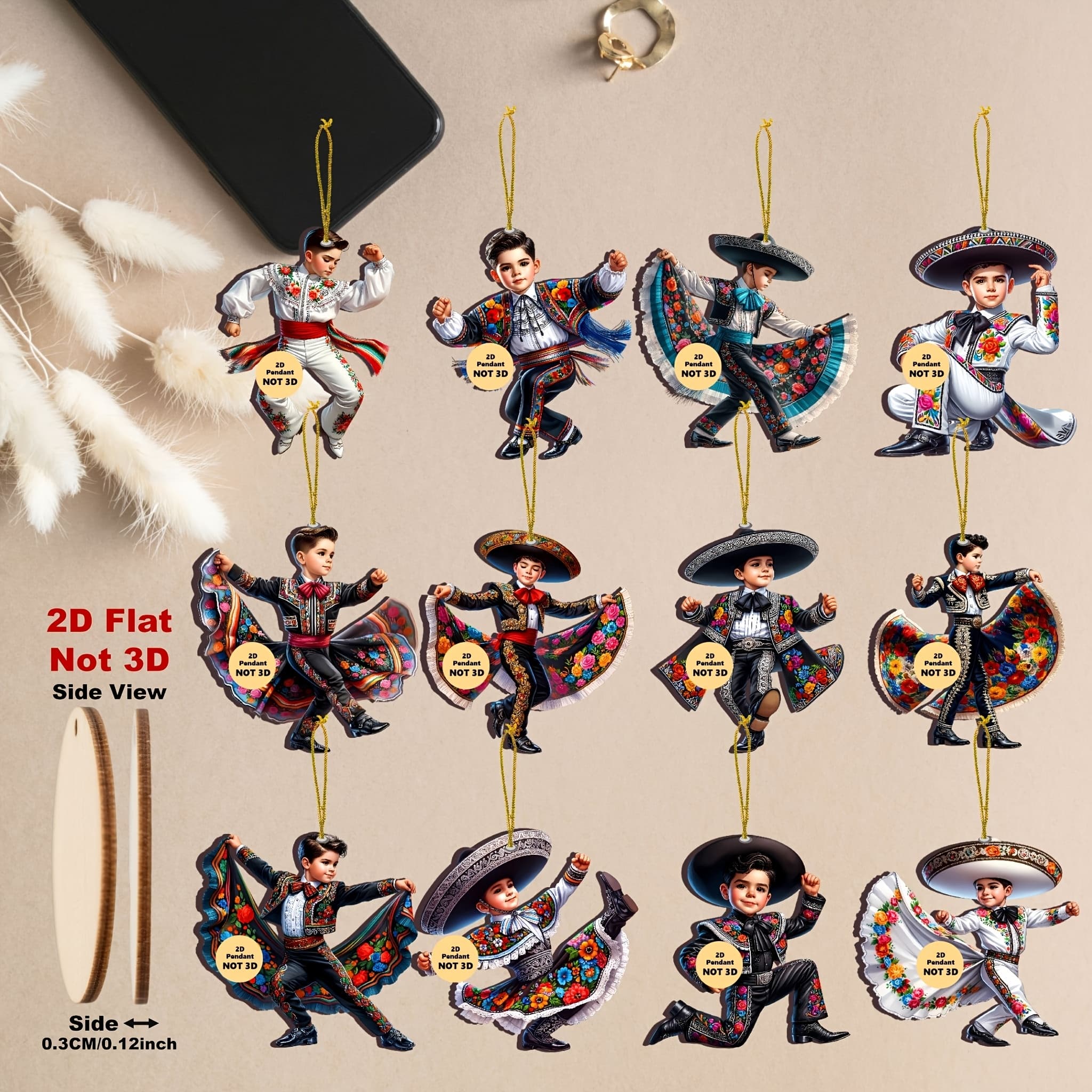 TEMU 2d Flat, 2d Flat Wooden, 12pcs/set Cute Dancing Mexican Boy Wooden Ornaments - Christmas Trees, Home, And Window Decorations | Ideal Holiday Party Accessories And Gifts, 2d Flat