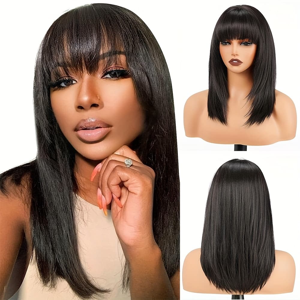 TEMU 16" Straight Bob Wig With Bangs Layer Cut Bob Wigs Glueless Wigs Straight Layered Bob Wigs With Bangs Shoudler Length Short Bob Wigs Black Wigs For Women