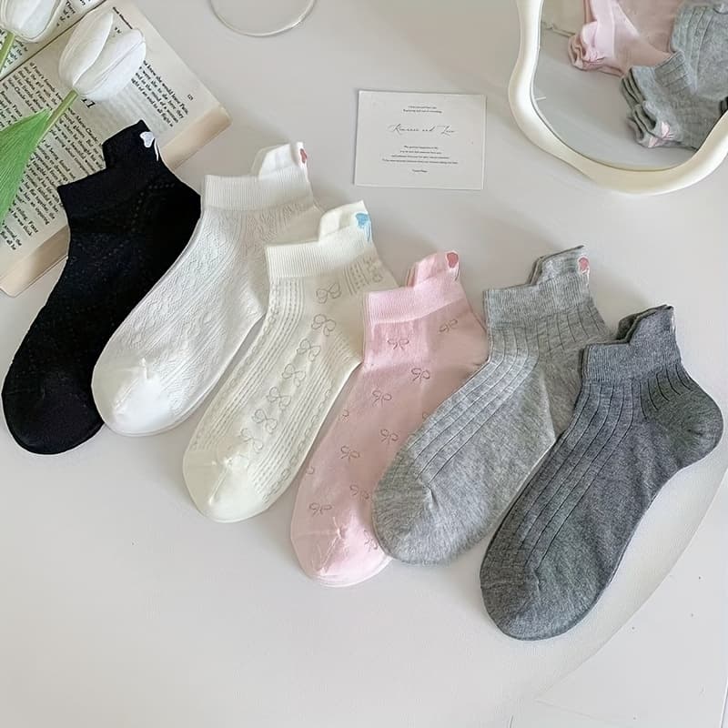 TEMU And 6 Pairs Of Women's Socks With Embroidered Bows, Breathable And Thin For Summer, Featuring A Cute Mid-length Design