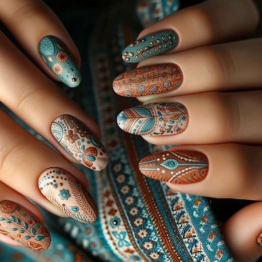 TEMU 24pcs Autumn Winter Floral Mandala -on Nails Women's Medium Length Ethnic Style Wearable Nails ' Daily Matching Outing Party Nail Pieces
