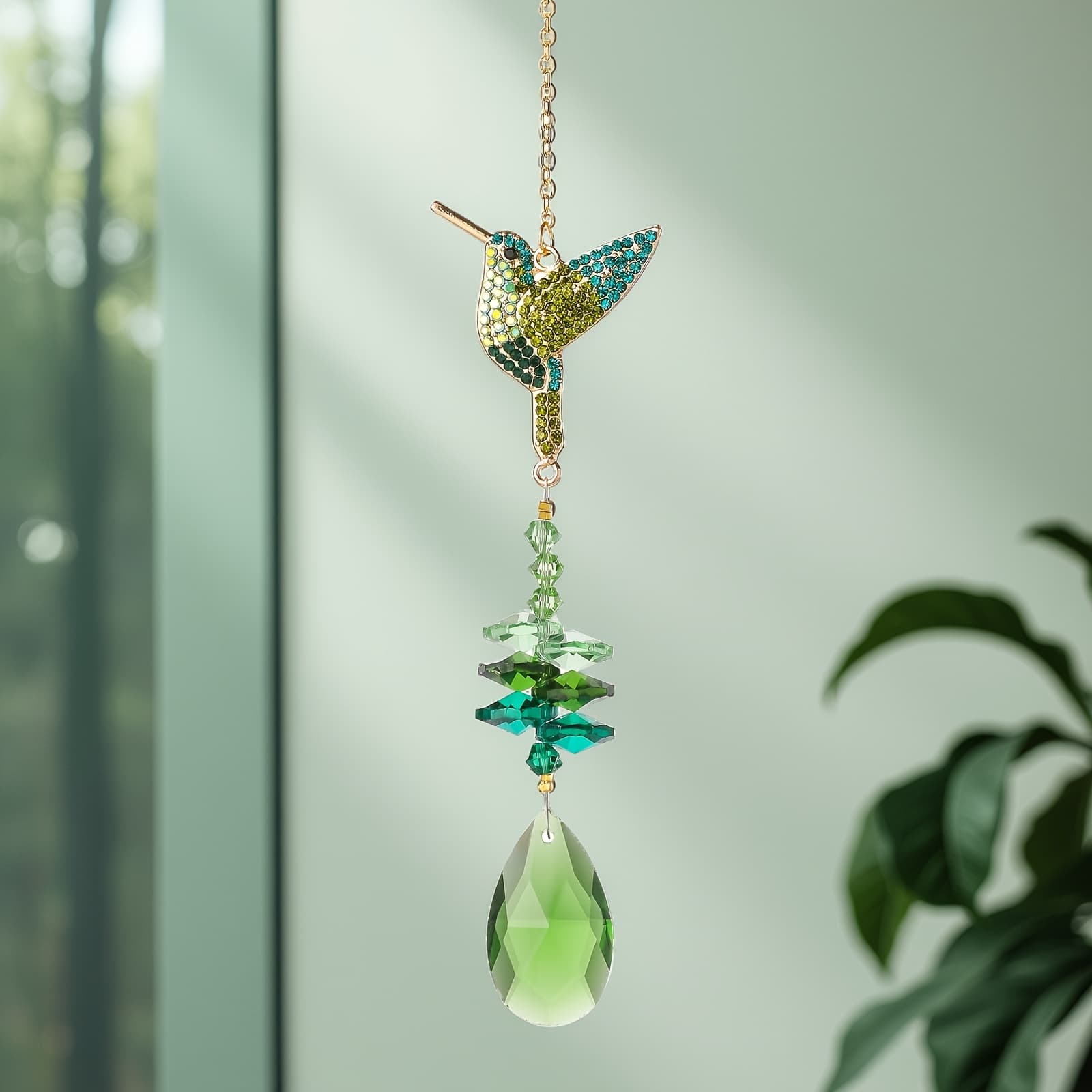 TEMU Decorative Crystal Hanging Ornament | Green Hummingbird Coconut Tree Series, Multicolor Glass Sun Catcher For Wedding, Home, And Garden Decor | Longsheng Brand