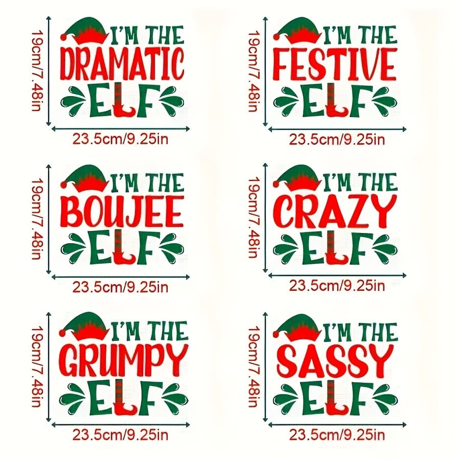 TEMU 6pcs Festive Elf Iron-on Heat Transfer Decals, Red & Green Polyurethane Appliques For T-shirts, Jeans, Hoodies, Handbags, Pillows - Christmas Family Matching Set