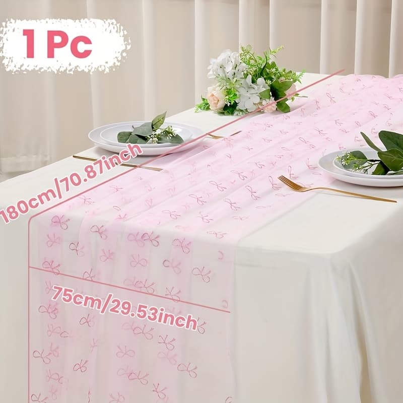 TEMU 1pc, Pink Bow Mesh Table Runner, Polyester Light Pink Mesh Table Runner Flag Tablecloth, Perfect For Graduation, Christmas, Shower, Birthday And Wedding Party Table Decor