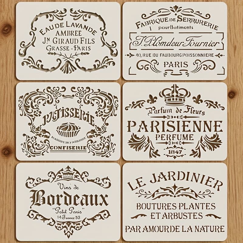 TEMU 6pcs French-inspired Vintage Parisian Stencil Templates Set - Reusable & Washable Stencils With Ornate French Phrases, & Wine For Diy Crafts, Calligraphy, Murals (s &)