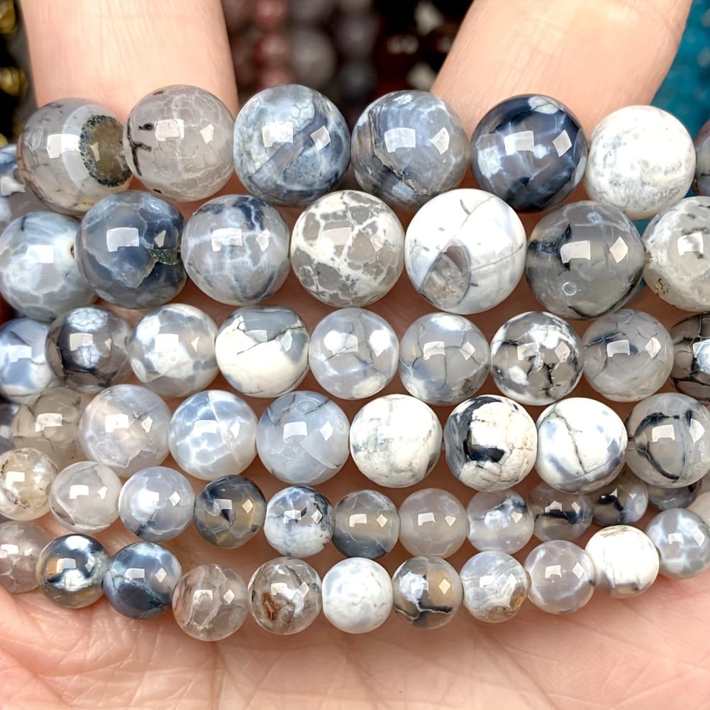 TEMU 6/8/10mm 58/44/36pcs Natural Gray And White Two-color Fire Agate Stone Beads Round Loose Beads For Jewelry Making Diy Necklace Bracelet Earring Accessories Christmas Gifts
