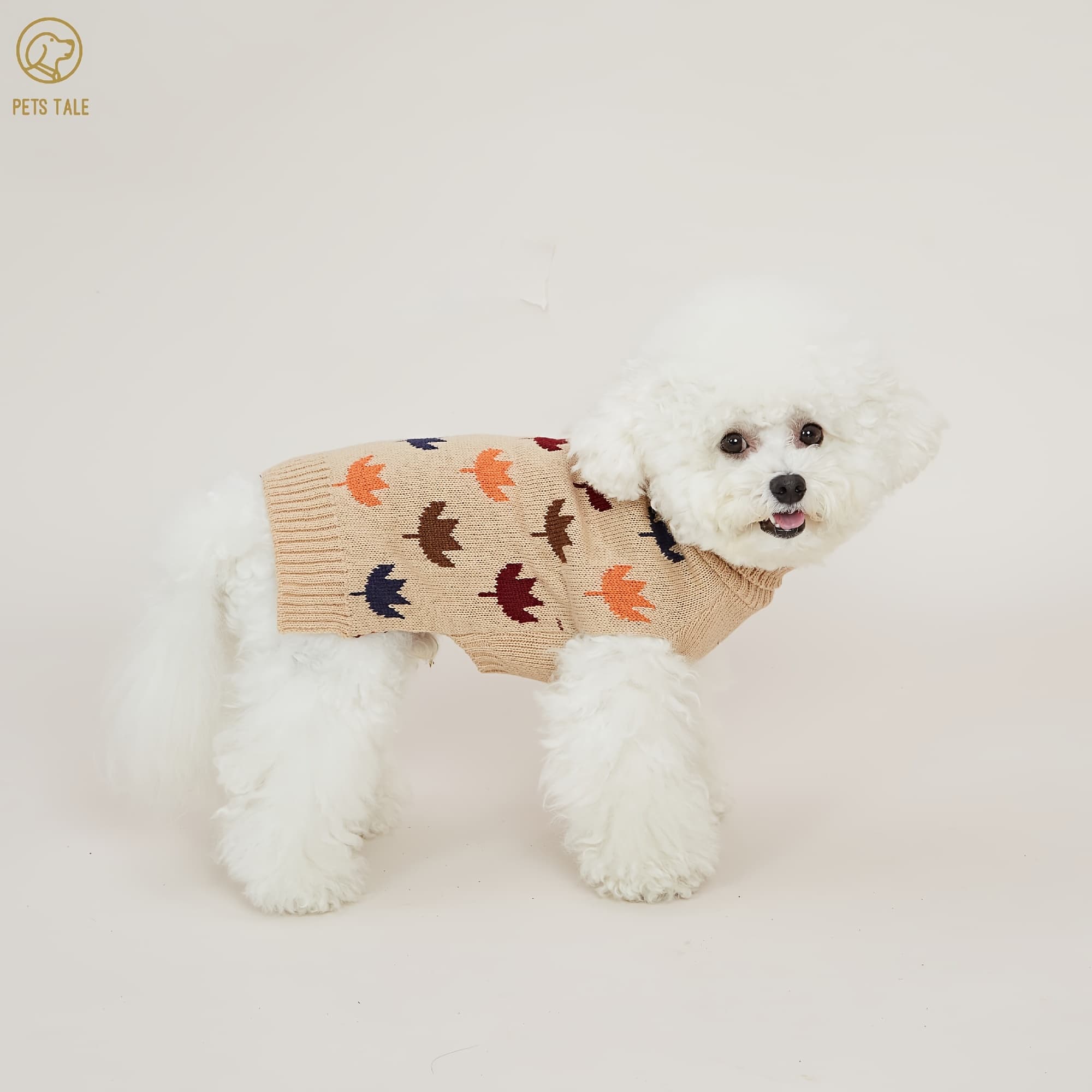 TEMU Pet Clothing With Colorful Maple Leaf Pattern Double Layer Collar Dog Sweater Soft Warm Clothes For Autumn And Cold Weather
