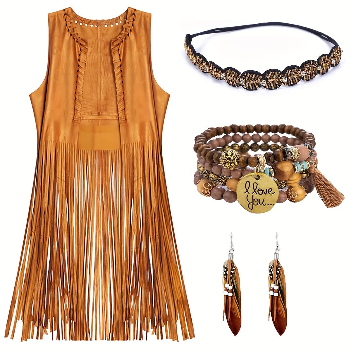 TEMU 60s 70s Outfits For Women Hippie Costume Clothes Woman Cowgirl Halloween Costumes Accessories 4pcs Set, Fringe Vest, Boho Crystal Headband, Wooden Bead Bracelet, Bohemian Earrings