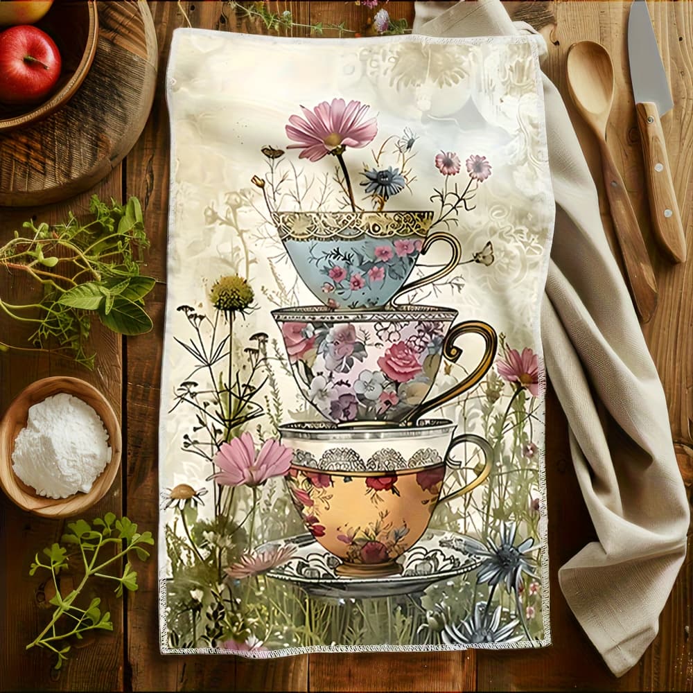 TEMU Of 2 Vintage Floral Tea Cup Cleaning Cloths Ideal For Cooking, Baking, And Drying Dishes - Soft, Absorbent Towels For Tea Stains, Machine Washable, Perfect As A Housewarming Gift